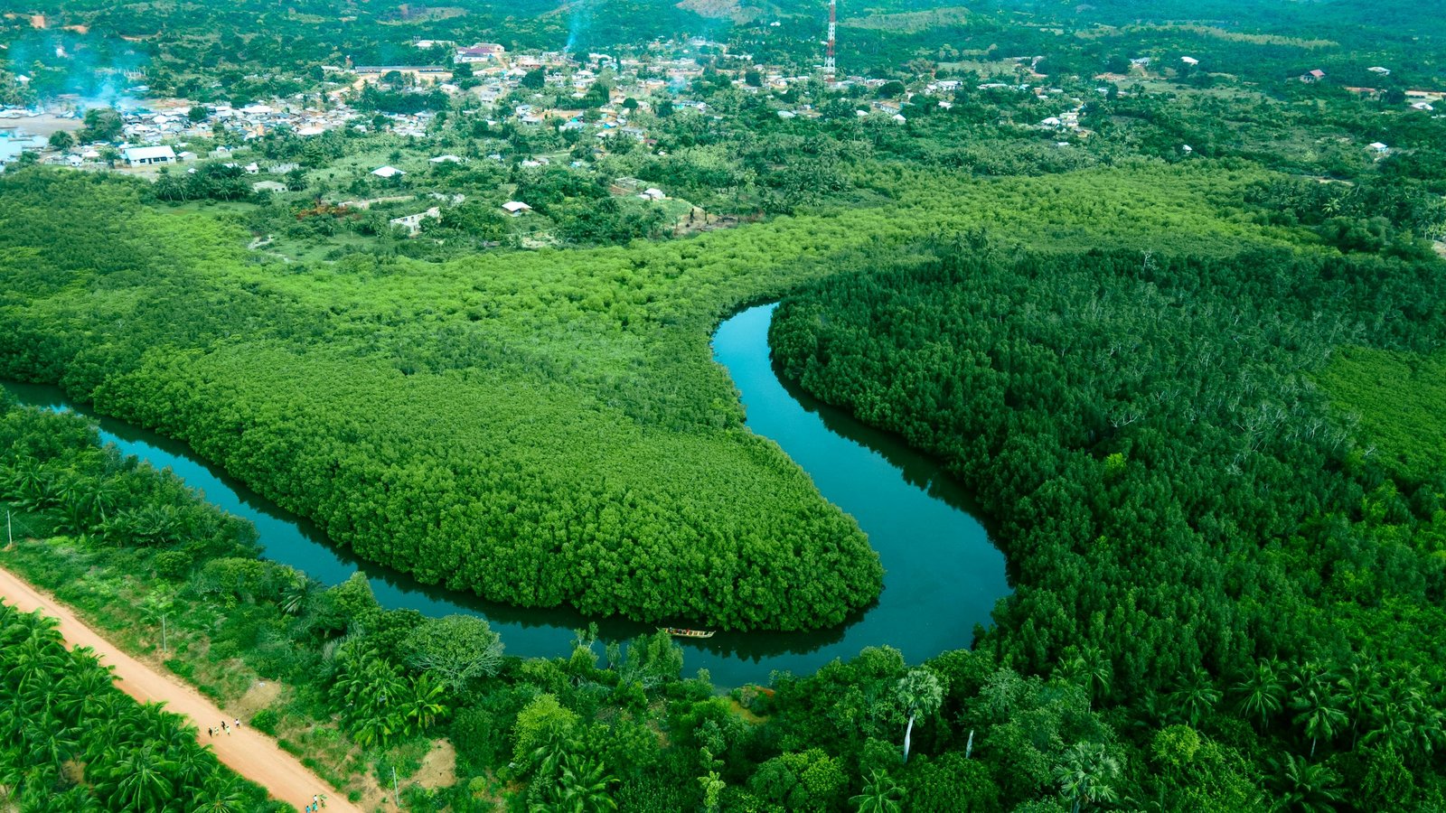 Vue aérienne d’une rivière serpentant à travers une forêt tropicale d’Afrique de l’Ouest